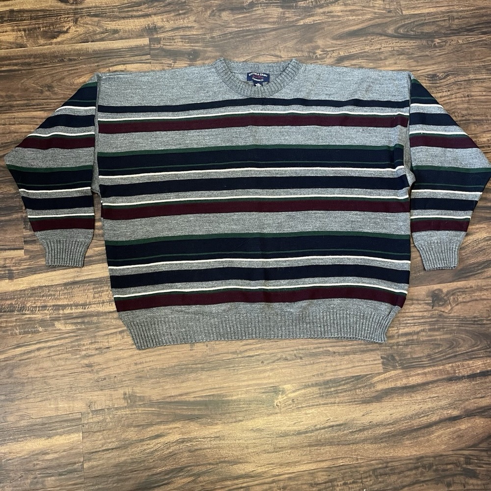 Sutter &‎ Grant Mens 3XB Striped Knit Sweater Grey Navy Burgundy Crew Neck Retro